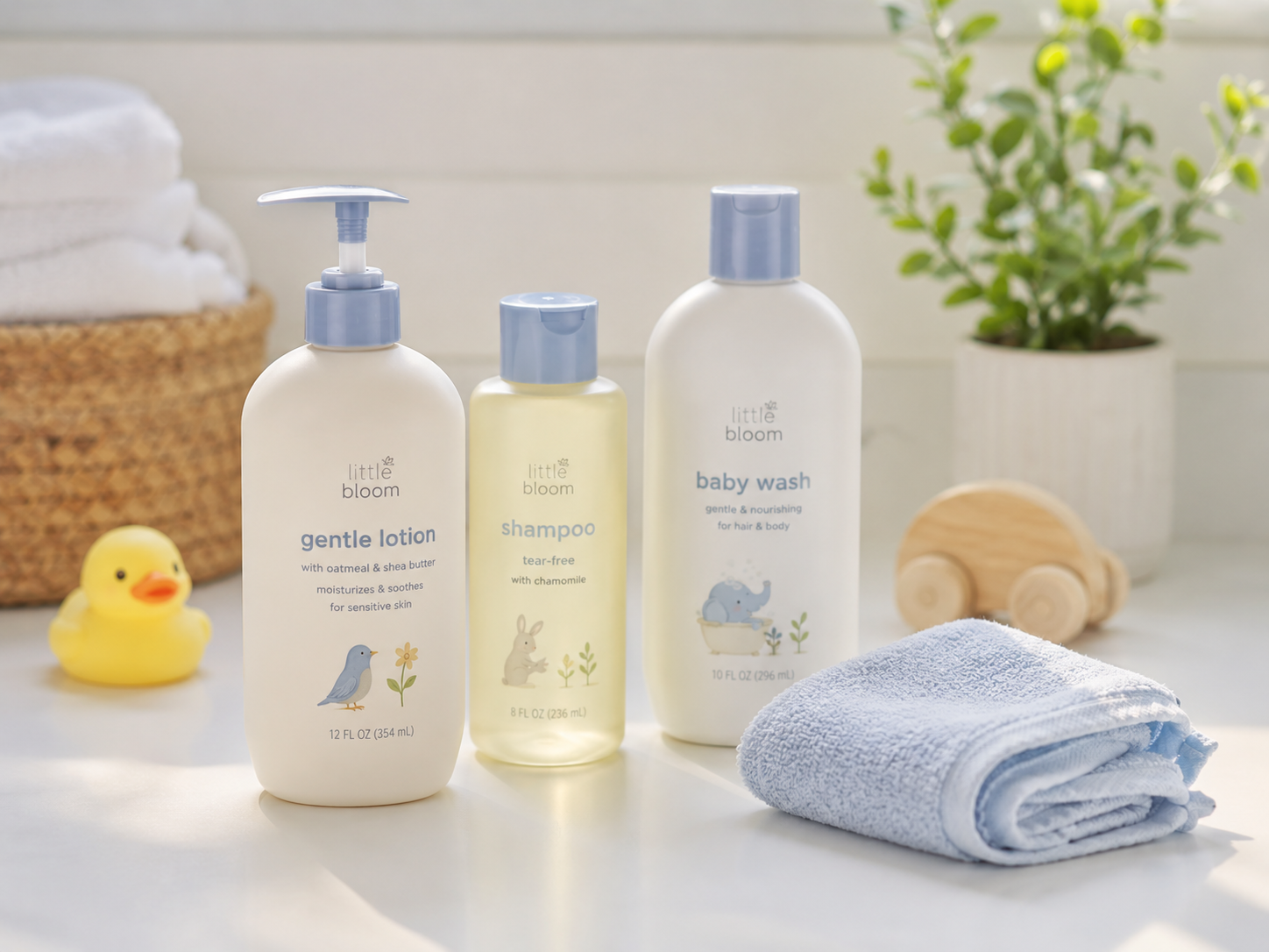Realistic studio photo of kids care products