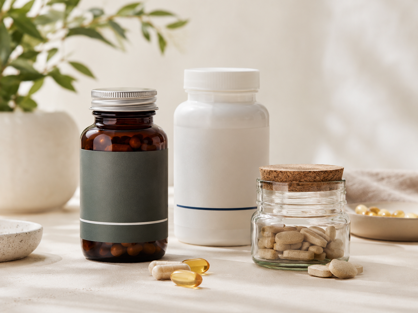 Realistic studio photo of supplement products